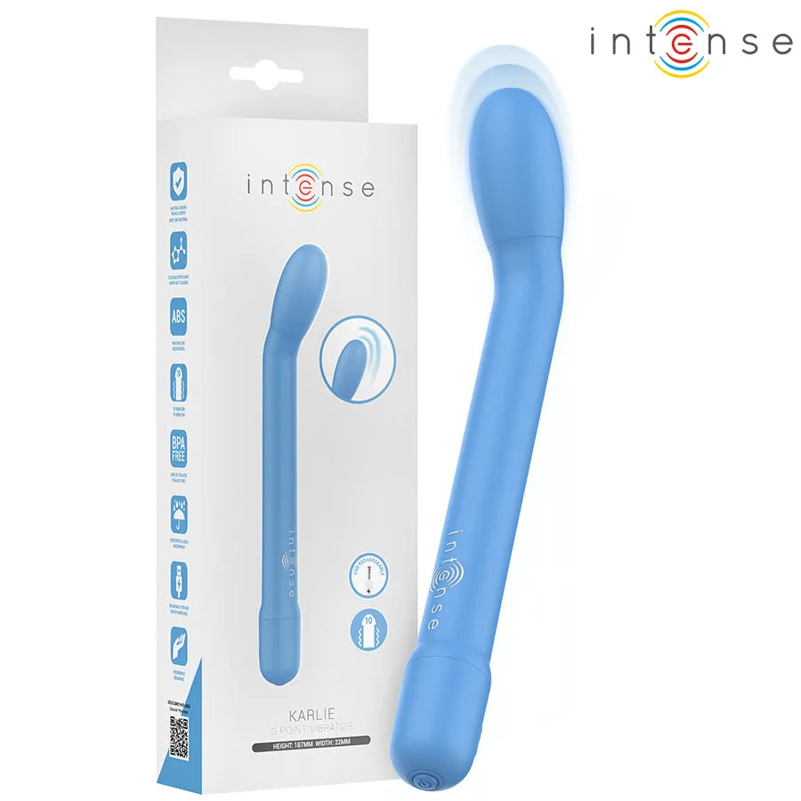 Vibromasseur rechargeable G-spot Karlie bleu ABS BPA-free 10 modes vibration design courbé stimulation intime femme couple sextoy discret