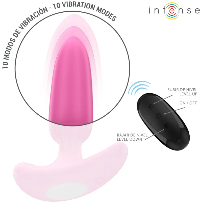 Plug anal vibrant Ross de Intense, 10 vibrations, design rose, télécommande, silicone hypoallergénique, pour femmes et couples