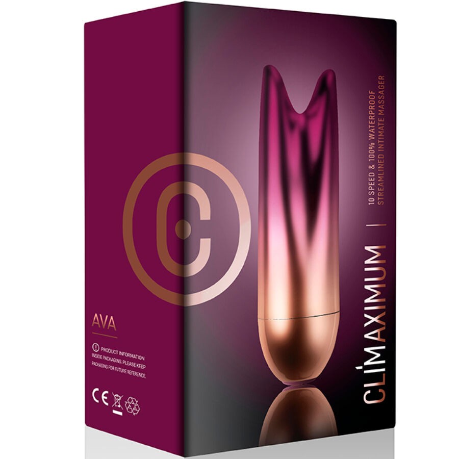 Vibrateur Climaximum Ava rose et doré, design élégant, double bullet, 10 vitesses, étanche IPX7, silicone et ABS.