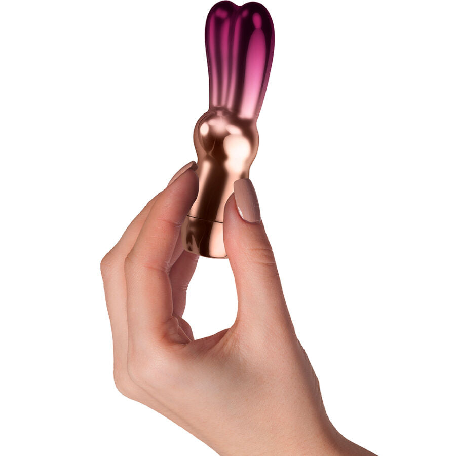 Vibrateur bullet Bella Bunny rose et or, forme de lapin, ergonomique, 10 vitesses, étanche, silicone et ABS.