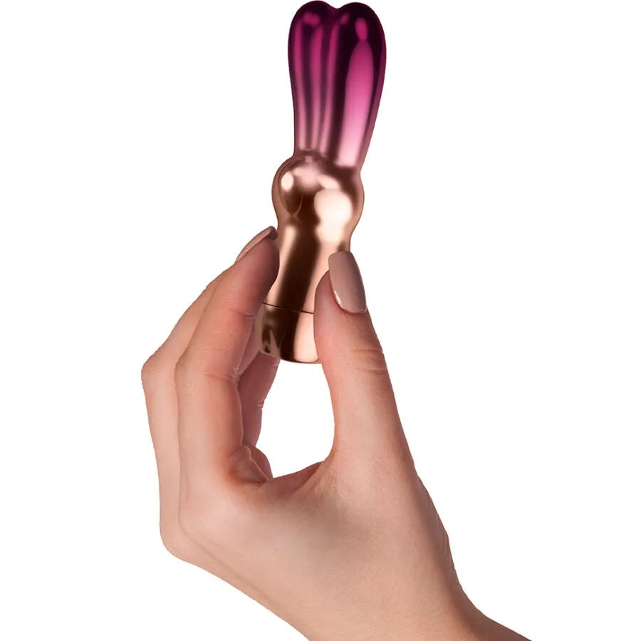 Vibrateur bullet Bella Bunny rose et or, forme de lapin, ergonomique, 10 vitesses, étanche, silicone et ABS.