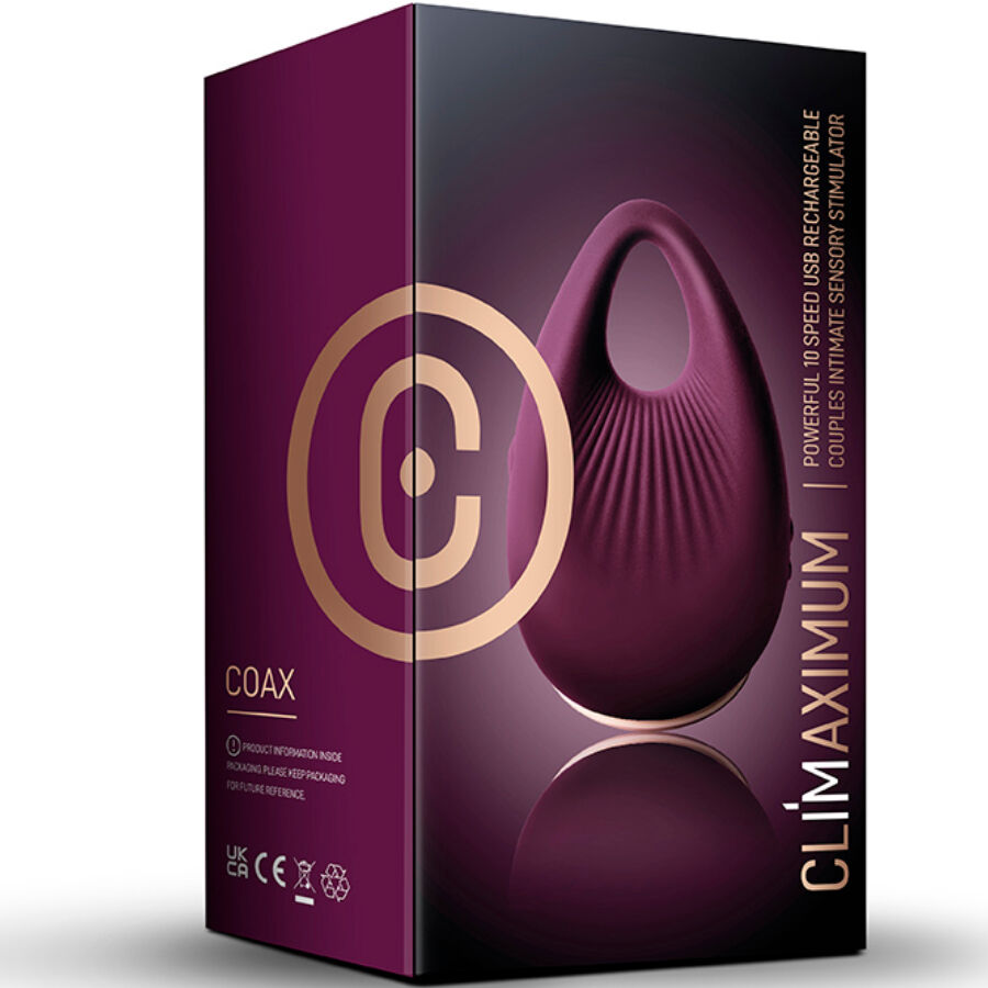 Vibrateur de doigt Climaximum Coax, violet, ergonomique, sur boîte élégante, pour moments intimes et sensuels en couple.
