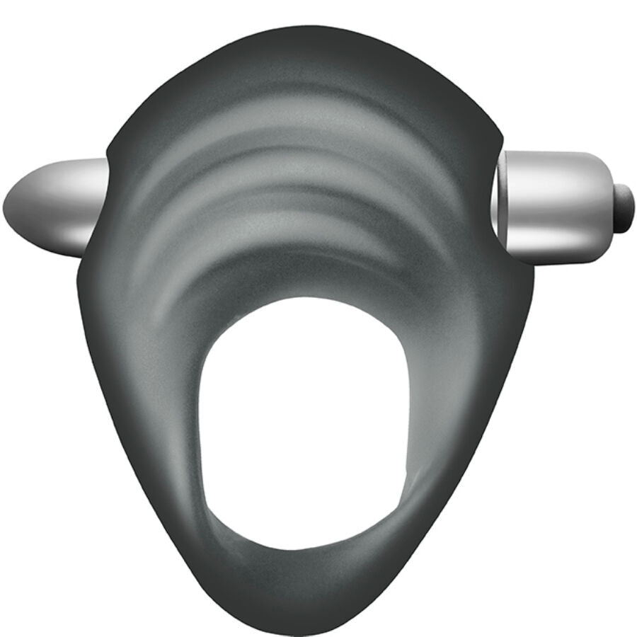 Anneau pénitentiaire noir avec vibrateur prostatique argenté, design ergonomique et texture sensorielle, étanche IPX7.