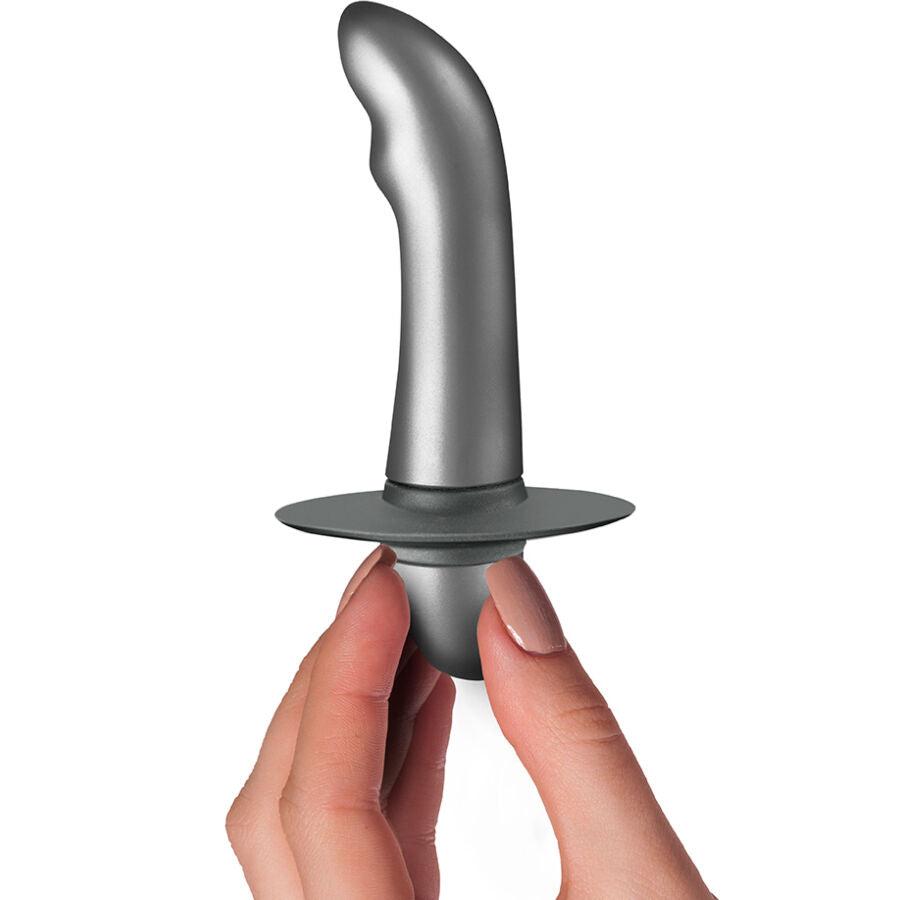 Vibromasseur prostate gris élégant, forme incurvée, 10 vitesses, étanche IPX7, silicone et ABS, pour débutants.