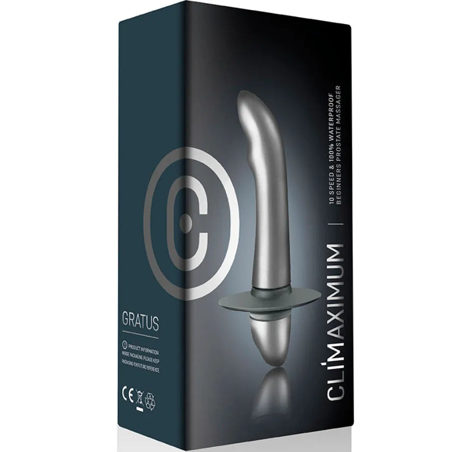 Vibromasseur prostate Climaximum gris, forme incurvée, 10 vitesses, étanche IPX7, silicone ABS, emballage élégant.