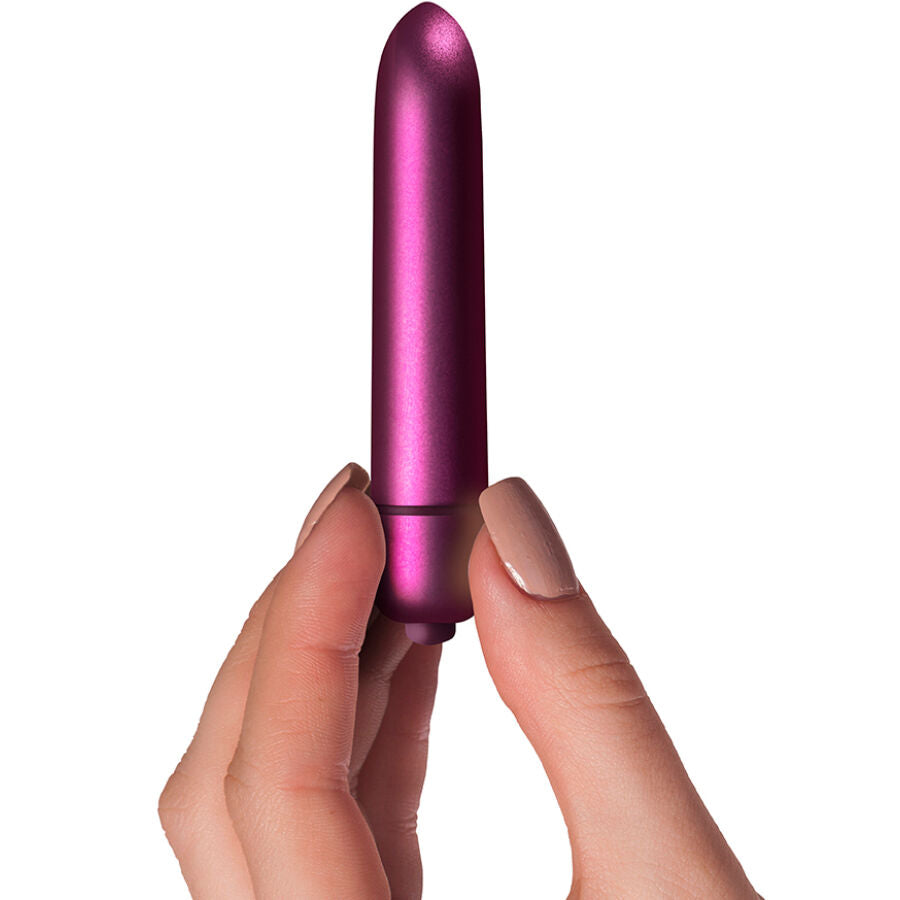 Vibromasseur bullet rose, design discret, 10 vitesses, étanche, en plastique ABS, dimensions compactes.
