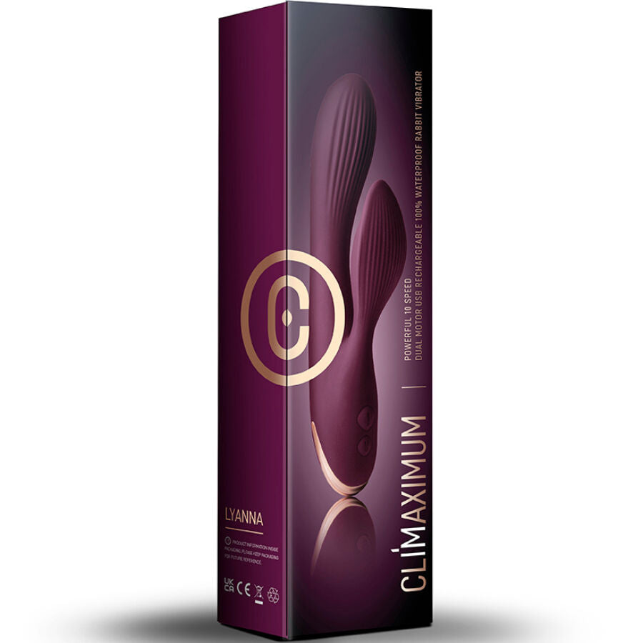 Vibrateur Lyanna Rabbit Climaximum violet, forme courbée, double moteur, étanche IPX7, stimulation clitoris et point G.