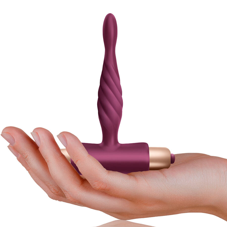 Plug anal Pharos violet avec embout spiralé, base en T dorée, idéal débutants, silicone doux, 10 vitesses, étanche IPX7.