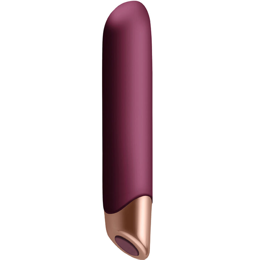 Vibrateur Climaximum violet avec pointe conique dorée, étanche IPX7, idéal pour débutants, 10 vitesses, silicone.