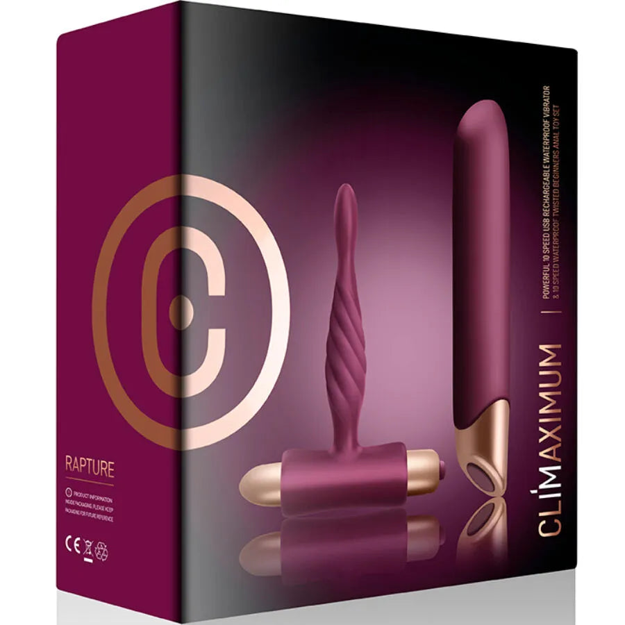 Climaximum Kit Rapture: vibrateur et plug anal débutant, couleur bordeaux, design élégant, étanche, 10 vitesses.