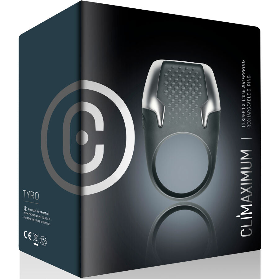 Anneau pénitentiaire vibrant Climaximum Tyro, silicone noir, design ergonomique, 10 vitesses, étanche IPX7.