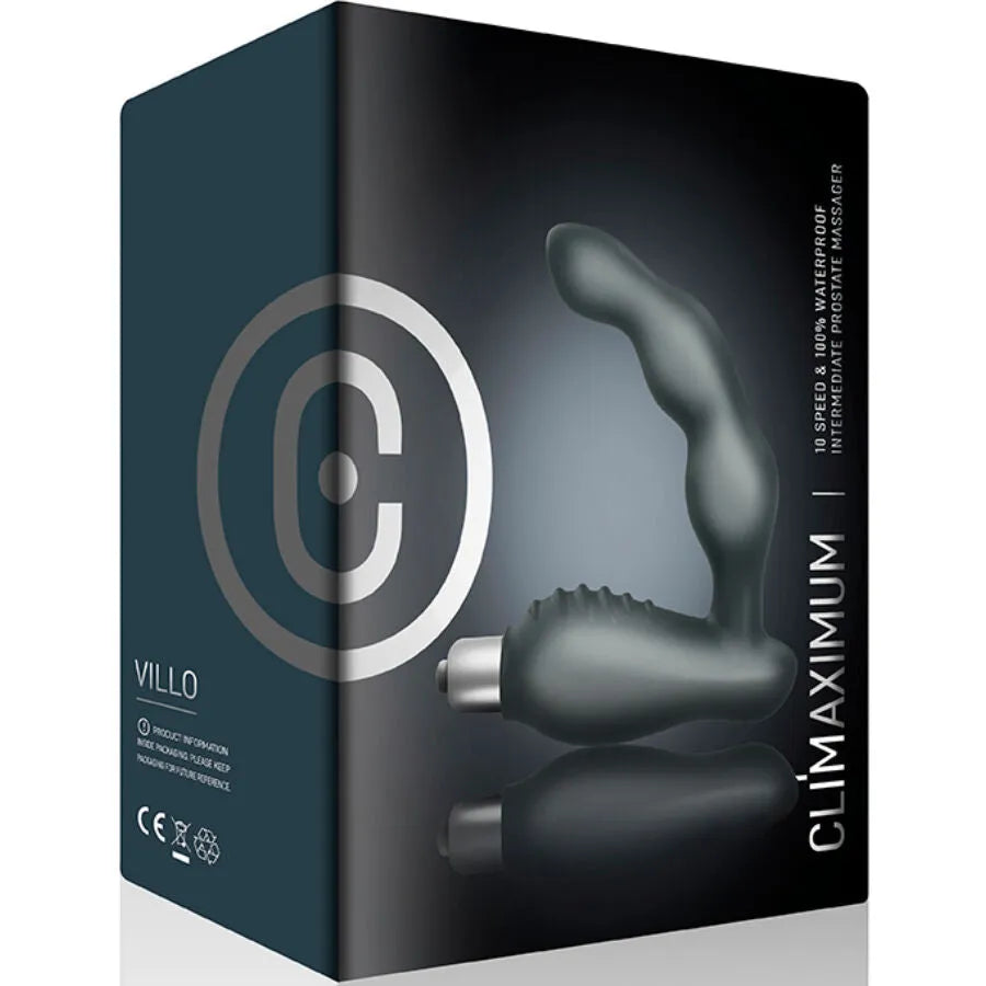 Vibrateur prostatique noir Climaximum Villo, tête inclinée, 10 vitesses, étanche, en silicone et ABS, sur fond de boîte.