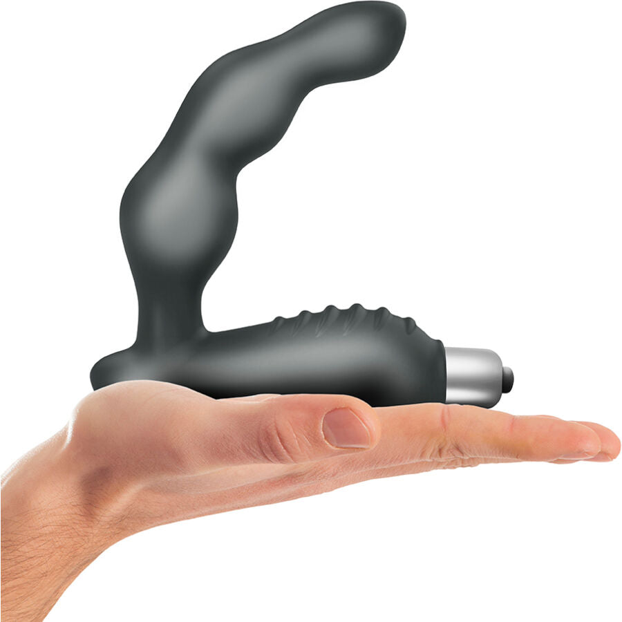 Vibrateur prostatique noir Climaximum Villo, tête inclinée, 10 vitesses, silicone, étanche IPX7, sur main pour échelle.