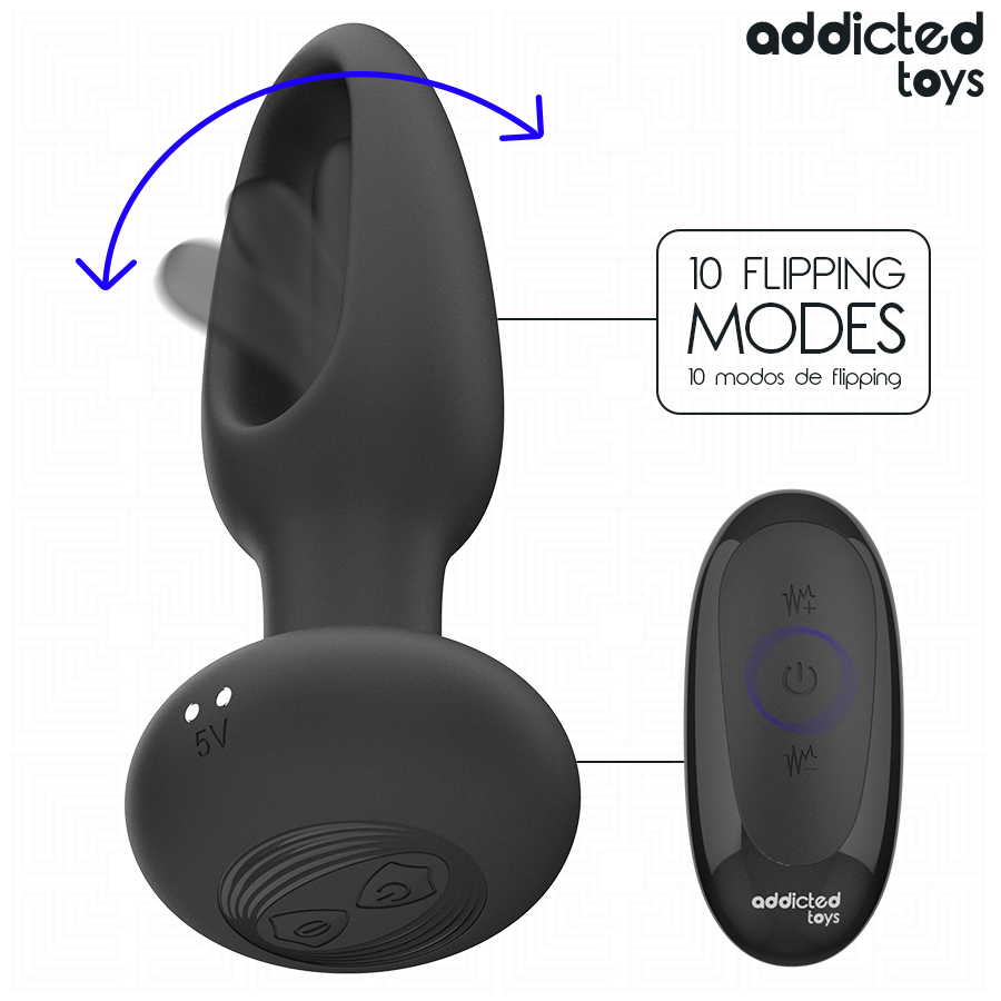 Plug anal noir Addicted Toys avec langue vibrante et télécommande, 10 modes de vibration, design ergonomique.