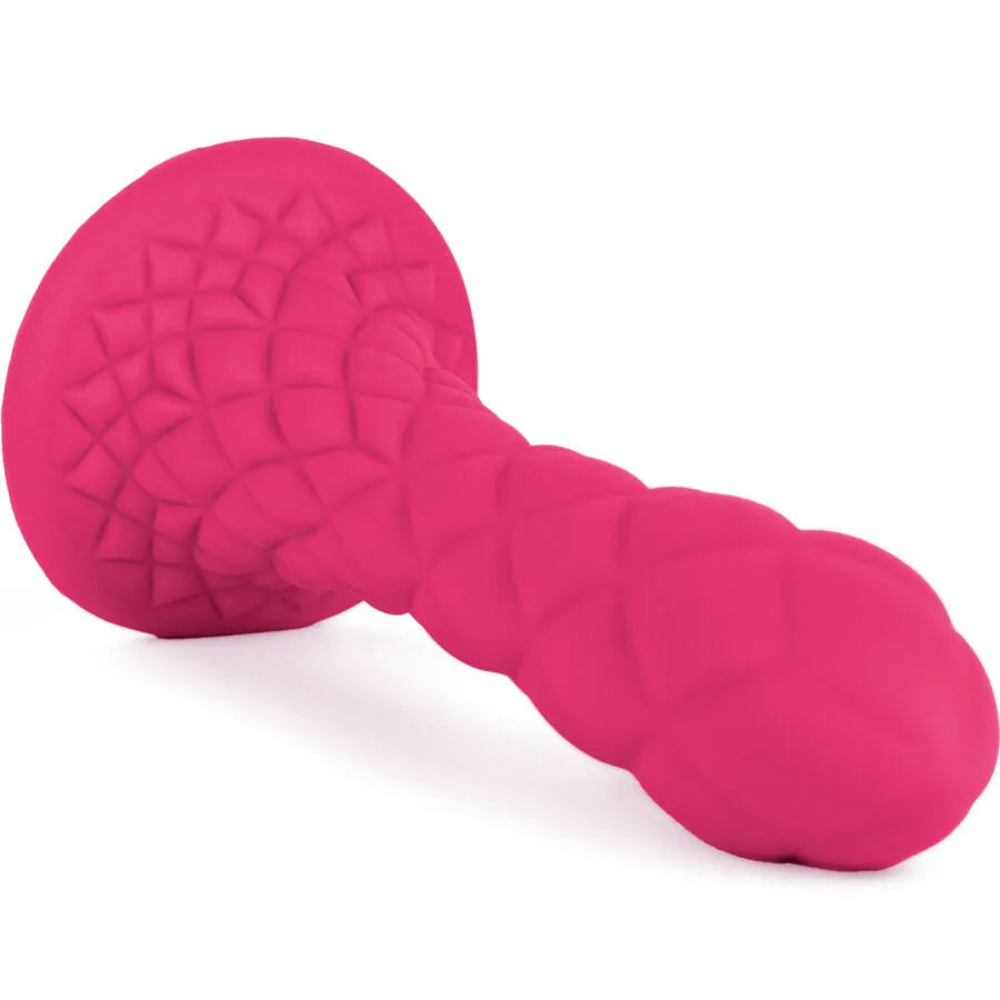 Sextoy silicone thermoreactif Dreamy Dildo Fantasy Silex D, 18,5 cm, fuchsia, base évasée, texture losange, matériau hypoallergénique, sextoys pour femme couple