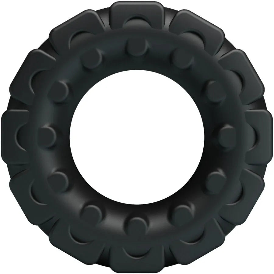Anneau silicone noir ergonomique, texture ondulée segmentée, ajustable, confort et maintien pour prolongation érection.