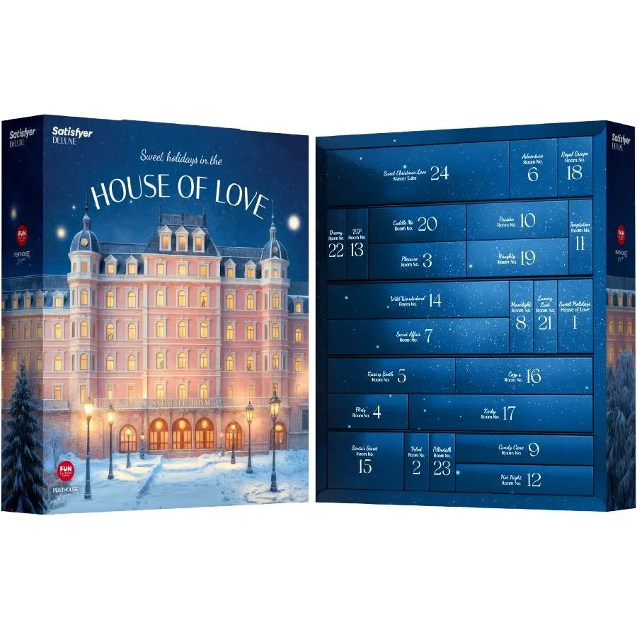 Calendrier de l'Avent érotique Satisfyer Deluxe 2025, boîte bleue avec 24 cases numérotées, design élégant et festif.