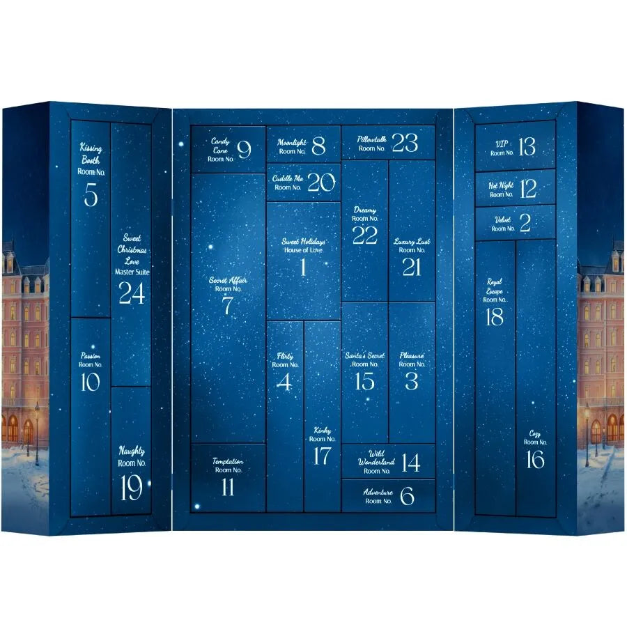 Calendrier de l'Avent Satisfyer 2025 bleu, 24 portes surprises érotiques, design luxueux, idéal pour fêtes et anniversaires.