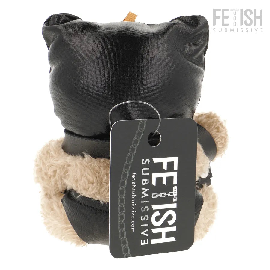 Ours en peluche Luno BDSM noir et beige, style Fetish Submissive, avec étiquette et détails audacieux.