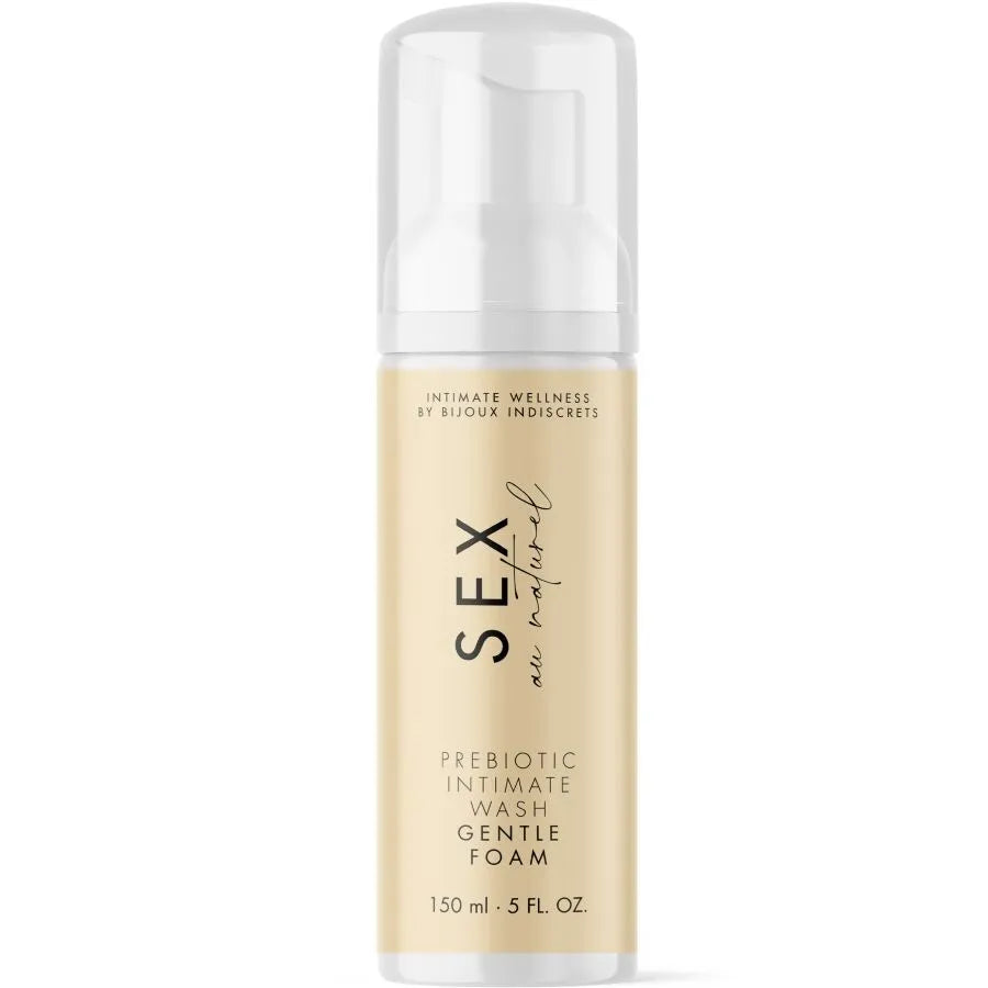 Flacon beige de 150ml de mousse intime prébiotique Bijoux Indiscrets, avec bouchon blanc et texte noir.