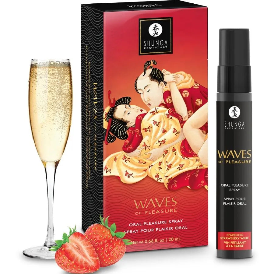 Shunga Waves Pleasure Spray Oral Seductive Fraise Élégance Design Artiste Sexe Intime Spray 20 Ml