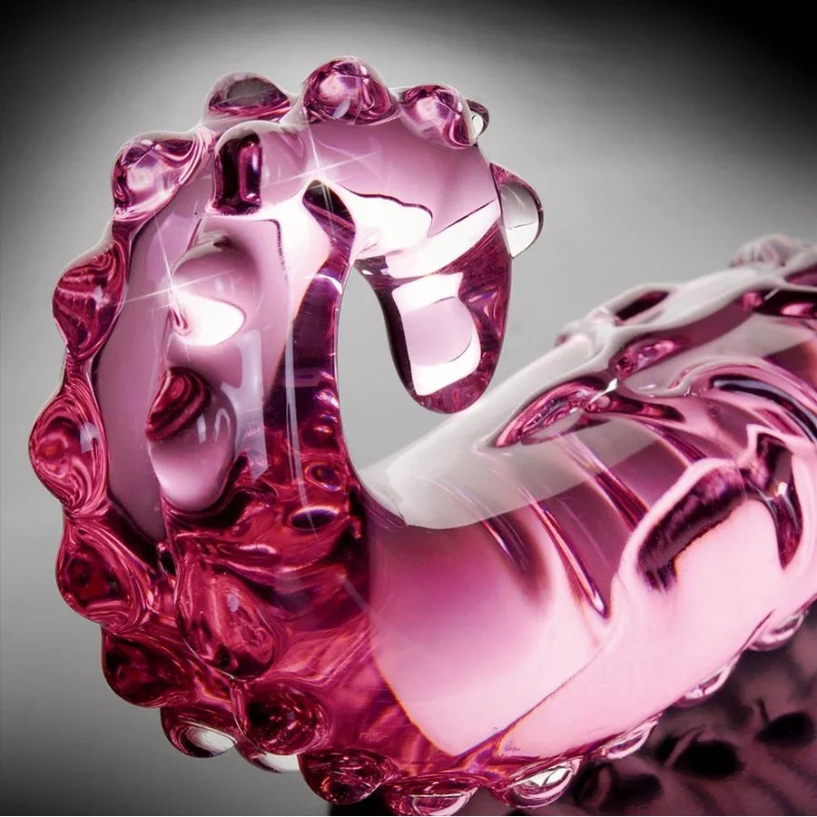 Dildo en verre courbé avec nodules stimulation texturée transparent rose sextoy intime couple érotique hypoallergénique durable