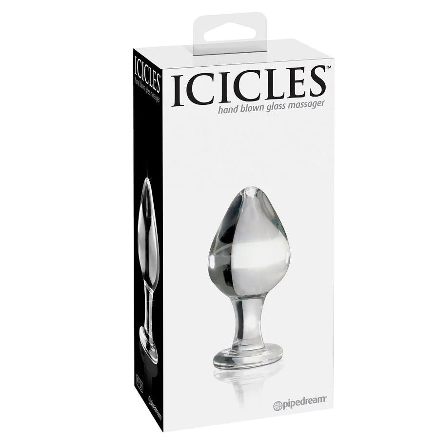 Masseur anale en verre soufflé transparent, forme conique élégante, hypoallergénique, compact, sur fond blanc.