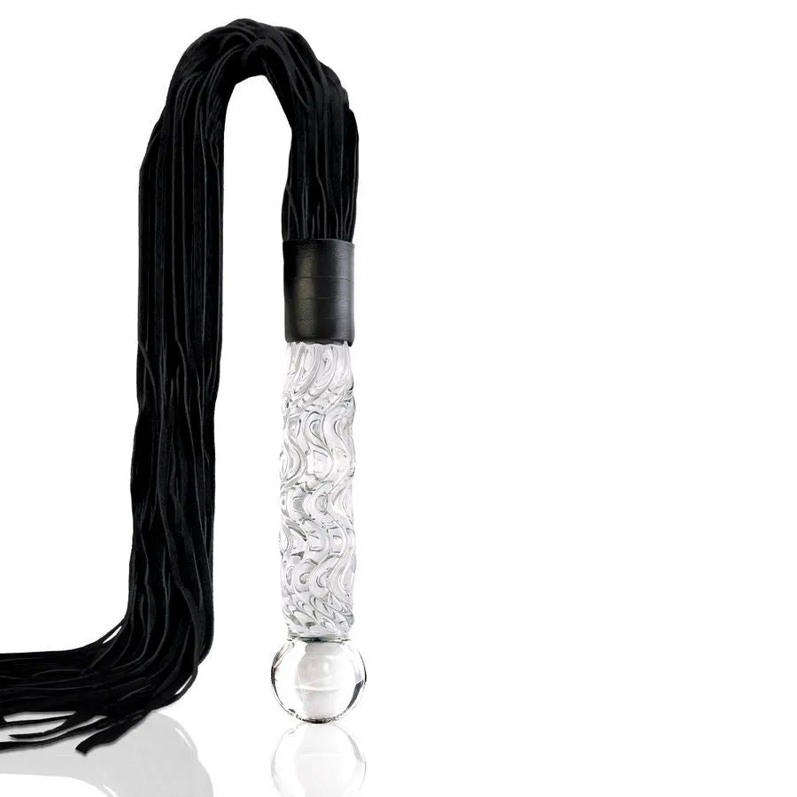Fouet érotique en verre soufflé simili-cuir noir design ondulé sensations intensifiées sextoy BDSM jeu sensible couple intimité élégance discrétion