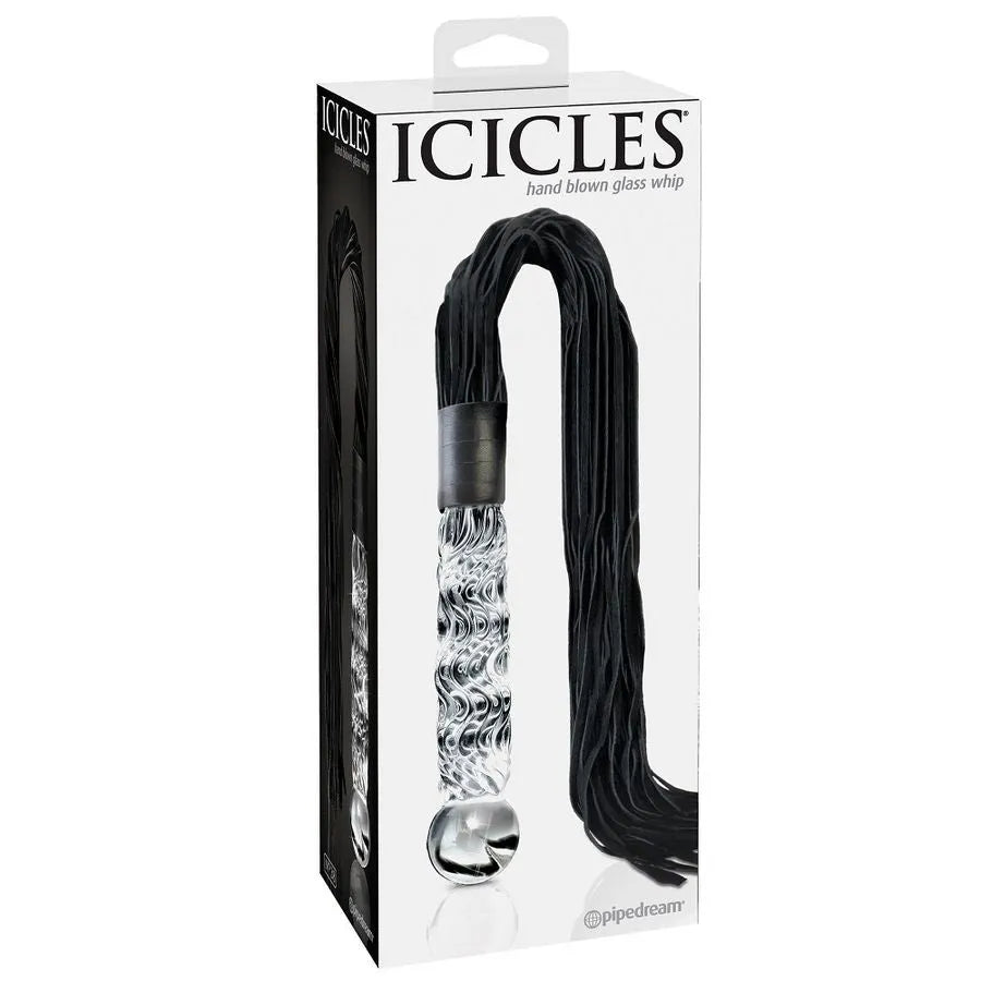 Fouet érotique en verre soufflé simili-cuir noir design ondulé sensations intensifiées sextoy BDSM jeu sensible couple intimité élégance discrétion