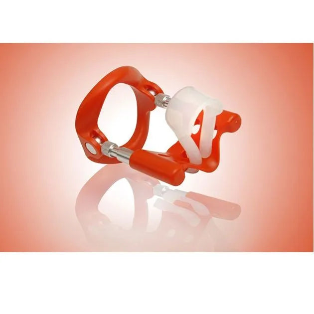 Extenseur pénis Andropenis Mini rouge, dispositif médical d'agrandissement et correction, plastique et métal, vue latérale.