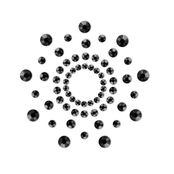 Bijoux Indiscrets Mimi Noir, pasties noirs scintillants en forme de cercle, décoration corporelle sensuelle et élégante.