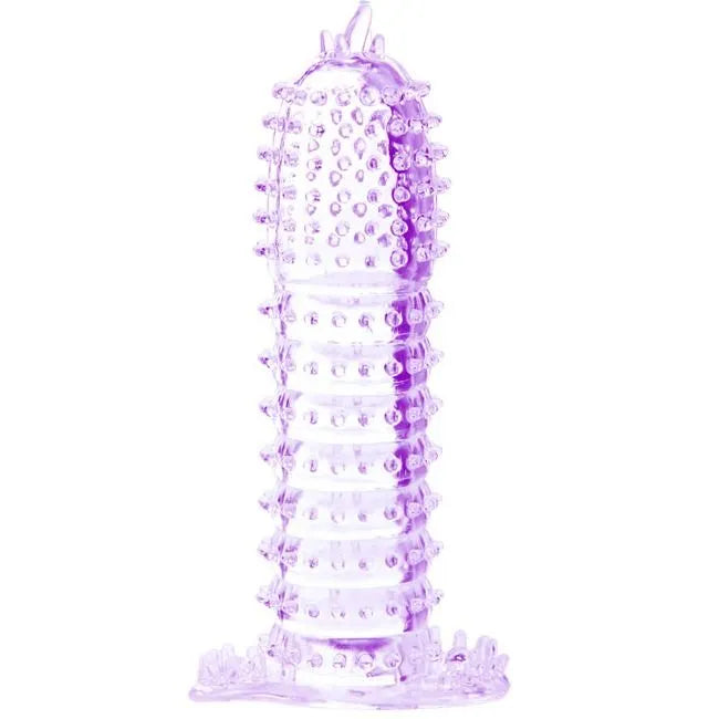 Gaine pénienne violette texturée en silicone souple avec nodules, 14,2 cm, pour sensations érotiques intenses.