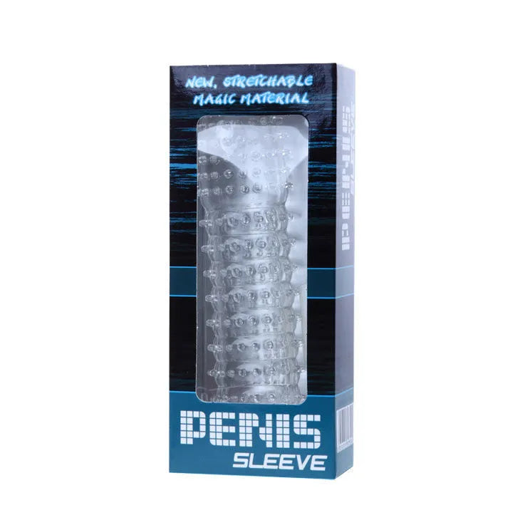 Gaine pénienne transparente en silicone texturé avec nodules, 14,2 cm, pour sensations érotiques et plaisir accru.