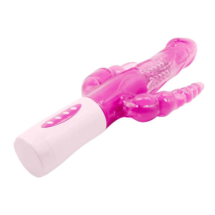 Vibromasseur rose Baile Pretty Bunny avec stimulateur clitoridien et anal, 12 vitesses, rotateur, perles métalliques.