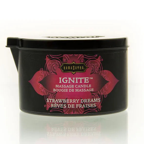 Bougie de massage Kamasutra Ignite Fraise Rêves 170g cylindrique métal noir rose romantique aphrodisiaque huile tiède sensualité intimité bien-être érotique