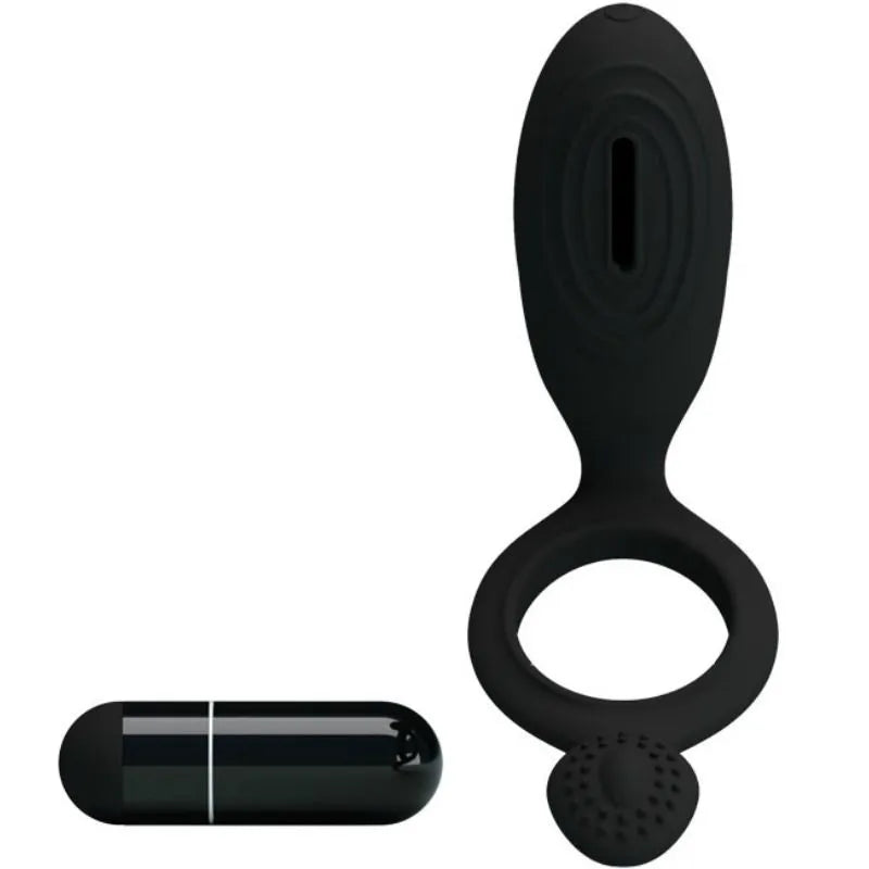 Anneau vibrant noir Pretty Love Ethel en silicone, design ergonomique, stimulation clitoridienne intense.