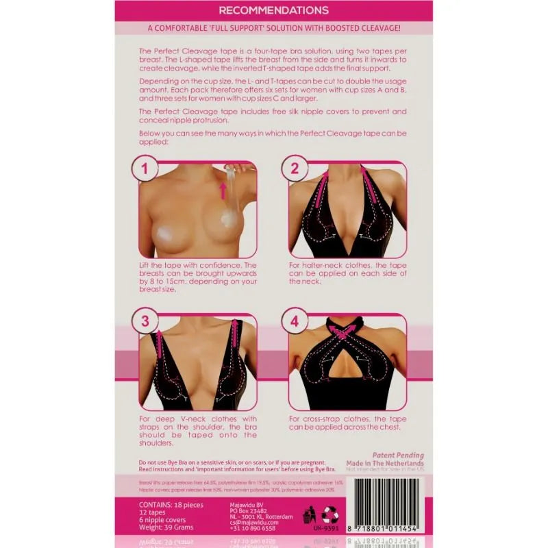 Emballage rose de Bye Bra avec instructions d'utilisation du ruban Perfect Cleavage et cache-tétons en soie.