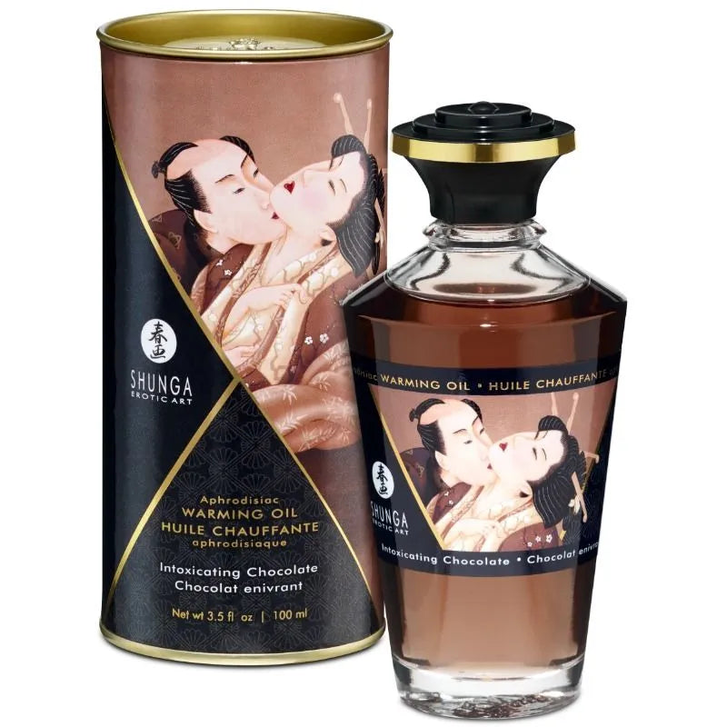 Huile aphrodisiaque chauffante Shunga saveur chocolat intense pour massage sensuel moments intimes luxe haute qualité