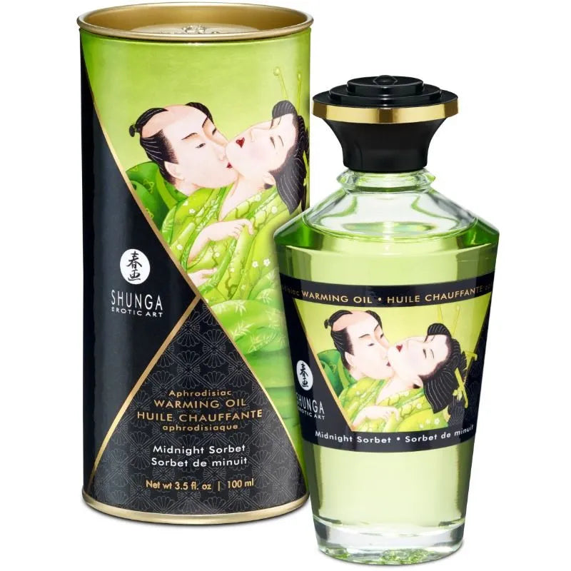 Shunga Huile Chauffante Aphrodisiaque Saveur Sorbet Minuit 100ml Flacon Verre Design Japonais Intimite Couple