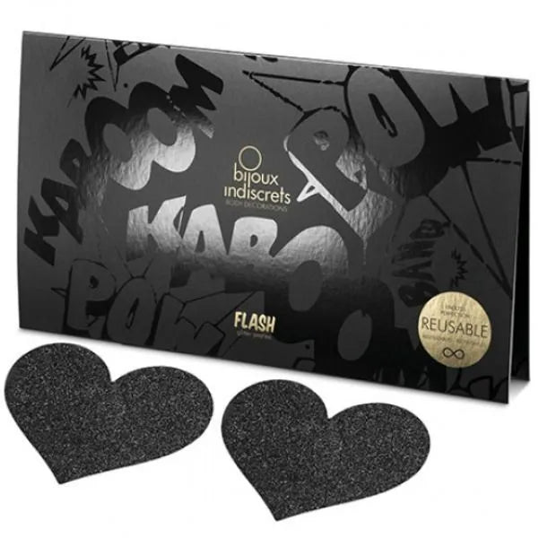 Autocollants pailletés noirs en forme de cœur, réutilisables, pour décoration corporelle féminine, Bijoux Indiscrets Flash.