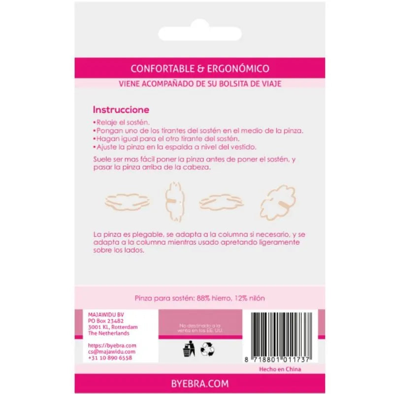 Emballage des clips de soutien-gorge Bye Bra, ergonomiques et pliables, avec instructions en espagnol et code-barres.