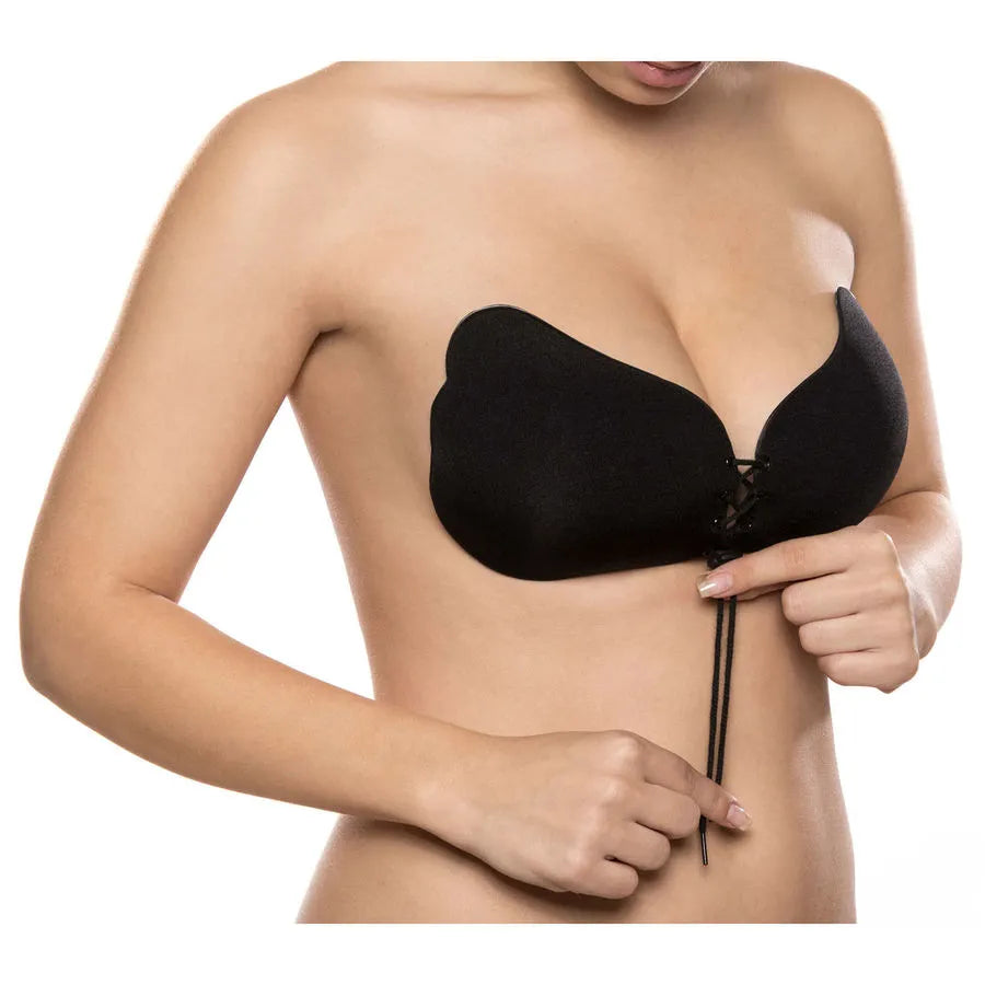 Soutien-gorge noir sans bretelles, dentelle, fermoir ajustable, dos nu, rehausse poitrine, invisible sous vêtements.