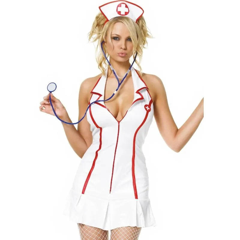Costume d'infirmière en chef Leg Avenue robe 3 pièces lingerie érotique satin blanc rouge accessoires stéthoscope serre-tête