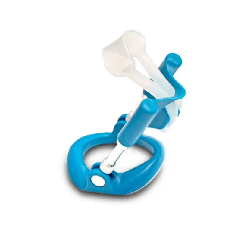 Extenseur pénien AndroExtender bleu avec anneau plastique, tiges métalliques et support silicone, dispositif médical CE.