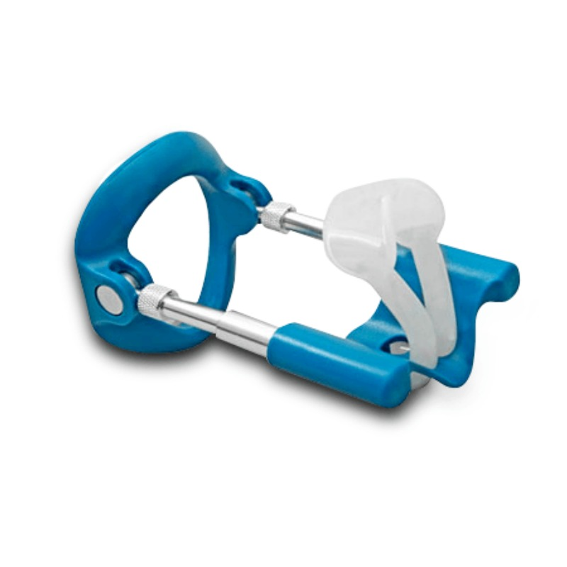 Appareil AndroExtender bleu avec anneau plastique, tiges métalliques et support silicone, dispositif médical de traction.