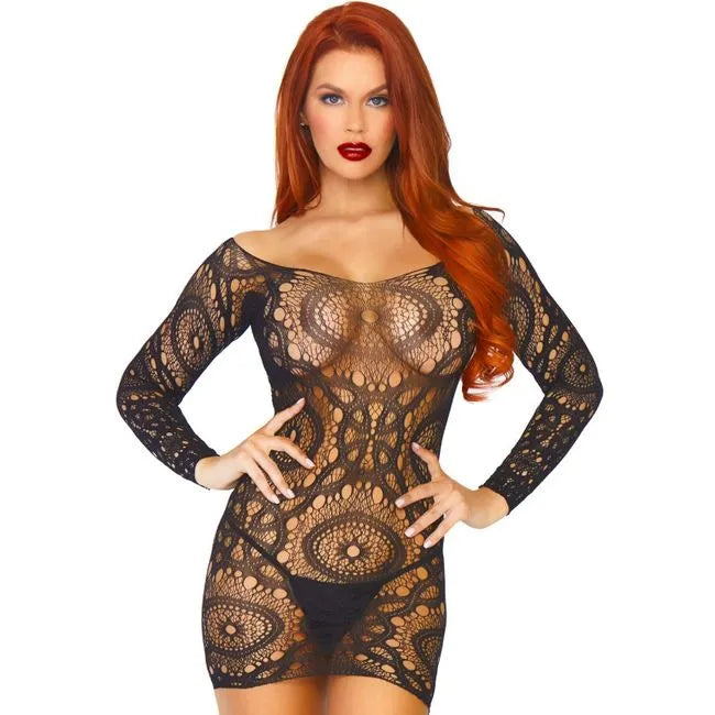 Mini-robe dentelle crochet noire manches longues féminine Leg Avenue