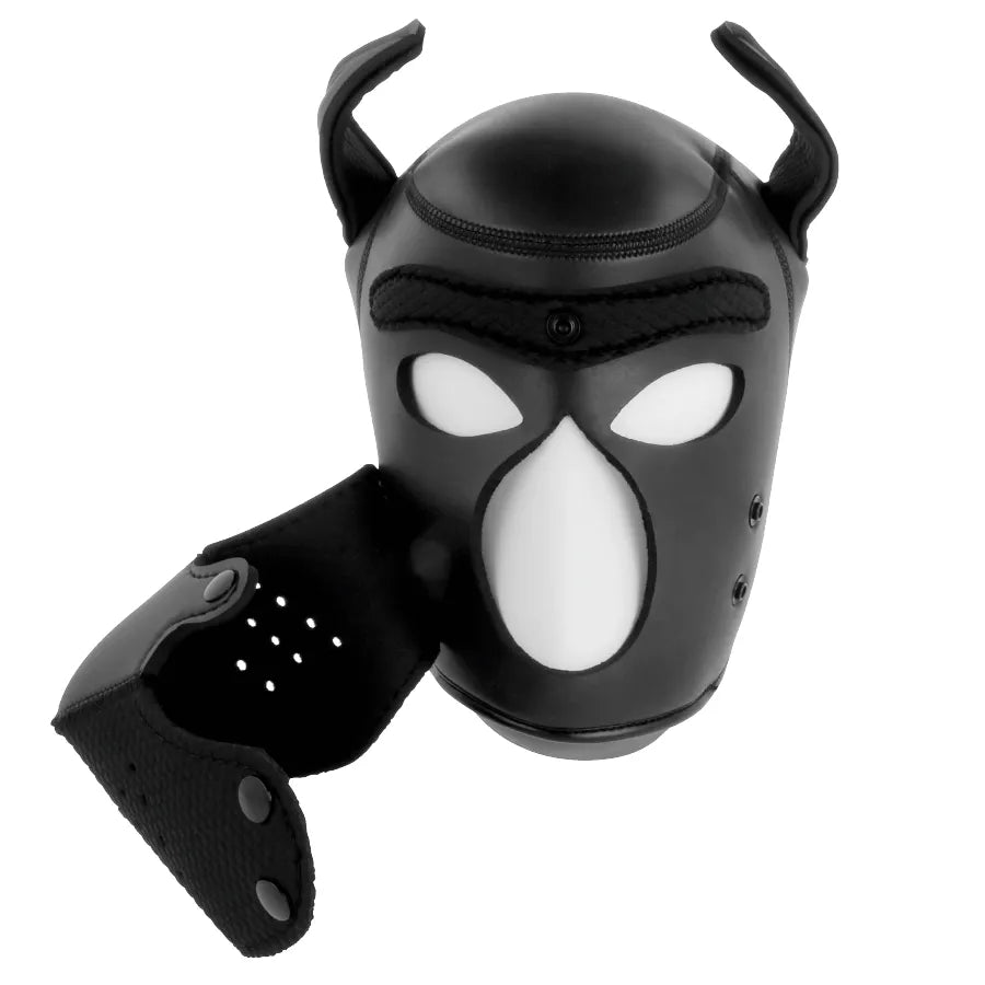Masque pour chien en néoprène noir avec museau amovible, oreilles attachées, languette rouge visible, taille M.