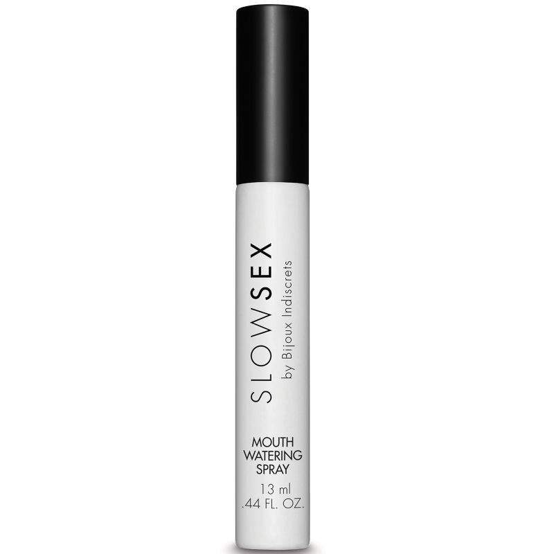 Spray Slow Sex Bijoux 13 ml, flacon blanc et noir, cosmétique érotique pour plaisir sensoriel, design élégant et moderne.