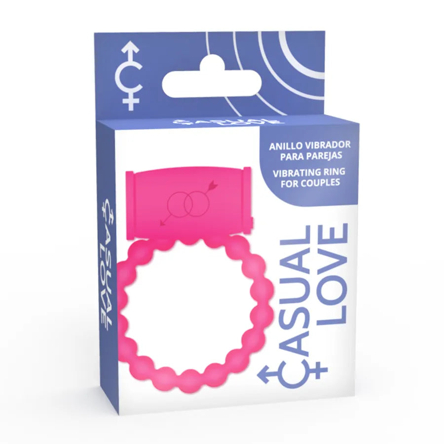 Anneau vibrant rose en silicone flexible, stimulateur clitoridien et vaginal, présenté dans une boîte bleue et blanche.