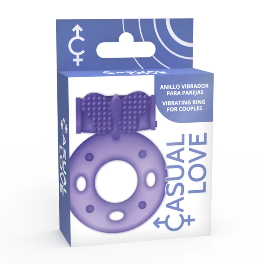 Anneau violet CASUAL LOVE 32, stimulateur clitoridien, flexible, interrupteur, emballage bleu et blanc.